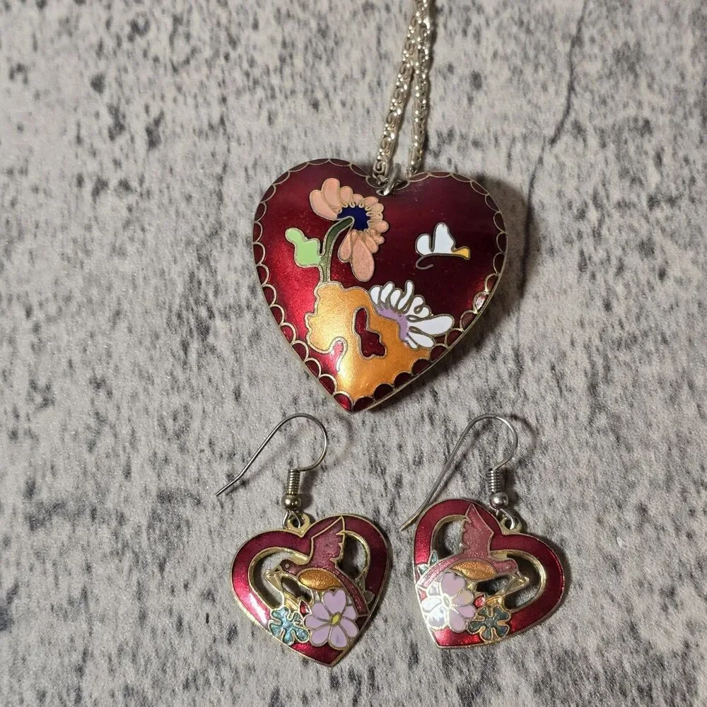 VTG Estate Cloisonné Clamper Butterfly Necklace w/ Pierced Dangle Earrings! 127